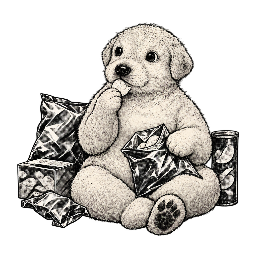 Aisle Dog sitting with an armful of snack bags and a box