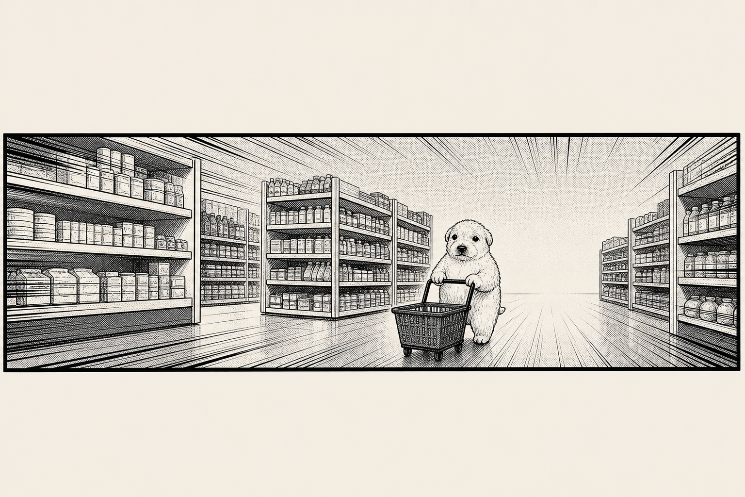 Aisle Dog pushing a loaded shopping cart down the aisle, chin up
