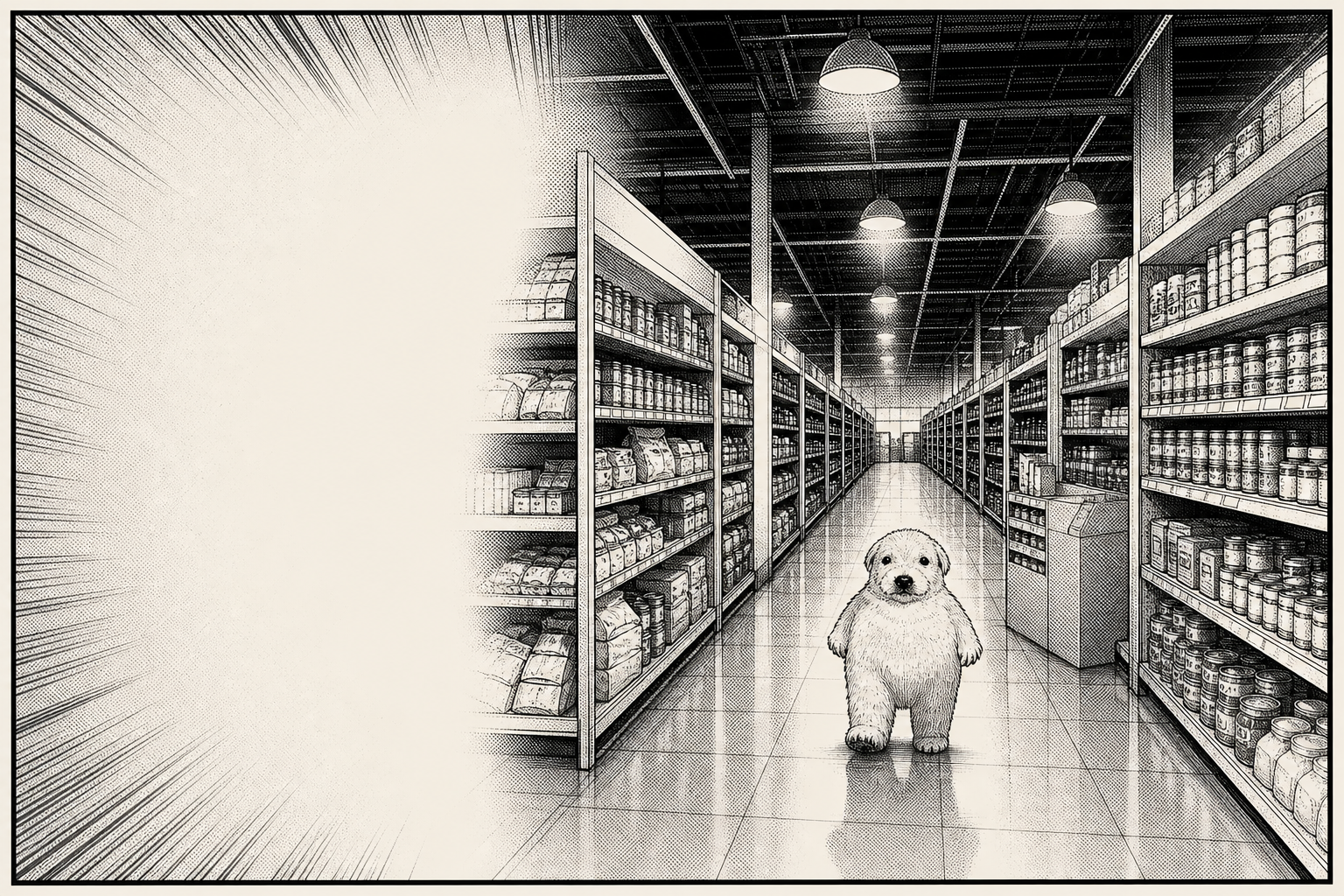 Aisle Dog walking down a long store aisle, speed lines streaking behind him